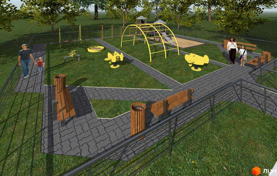 Дитячий майданчик у житловому комплексі на вул. Київська, 96. На території є гойдалки, гірки, пісочниця та зони відпочинку з лавками.