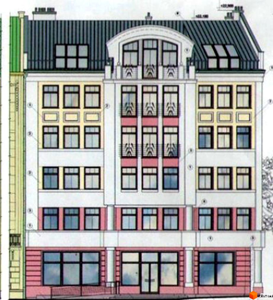 Фасад житлового комплексу на вул. Костомарова, 1/3. Будинок має багато вікон, балкони та мансардні вікна. На першому поверсі розташовані комерційні приміщення.
