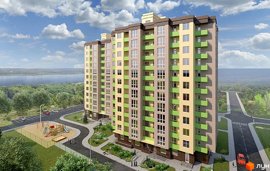 Житловий комплекс Зіркова Вежа - багатоповерховий будинок з балконами та великими вікнами. На прибудинковій території дитячий майданчик, парковка та зелені насадження.