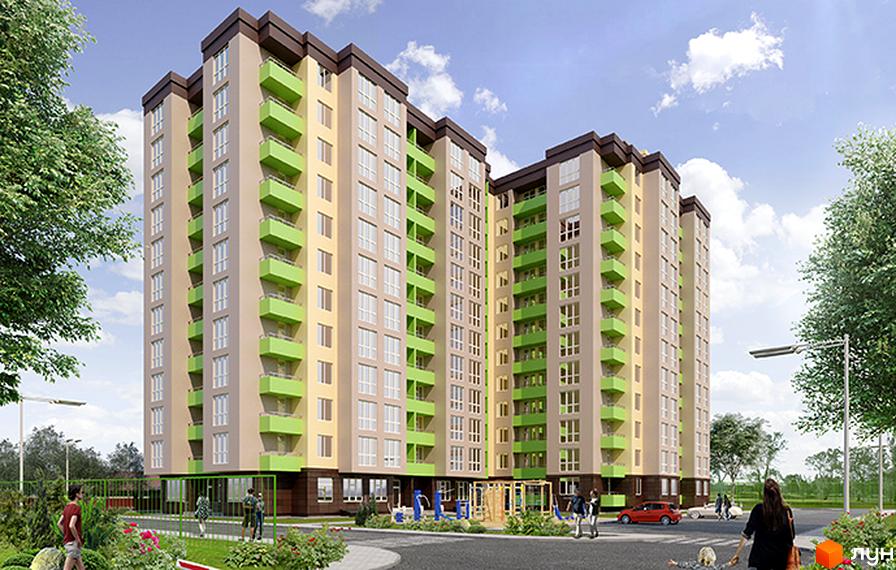 Житловий комплекс Зіркова Вежа – це багатоповерхові будинки з яскравими зеленими балконами та бежевими фасадами. На прибудинковій території розташовані дитячий майданчик та зелені насадження.