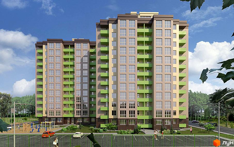 Зовнішній вигляд новобудови ЖК Зіркова Вежа з зеленими балконами та світлими фасадами. На прибудинковій території дитячий майданчик та парковка.