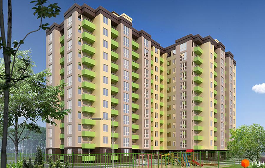 Житловий комплекс Зіркова Вежа - багатоповерховий будинок з яскравими зеленими балконами та бежевими фасадами. На прибудинковій території розташований дитячий майданчик.