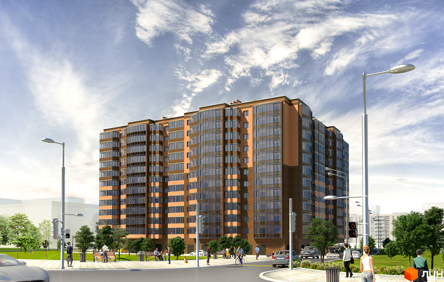 Зображення багатоповерхового будинку Житлового комплексу Олександрівський 1 з великими вікнами та прибудинковою територією з деревами. Вигляд з вулиці.