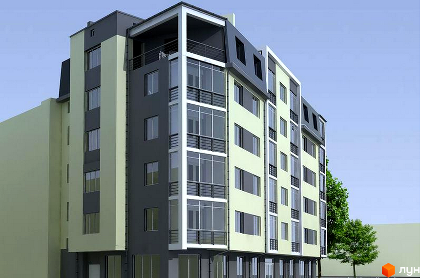 Новобудова на вул. Шептицьких, 44. Багатоповерховий будинок з балконами та великими вікнами, світло-бежевого та сірого кольору. Поруч дерево.