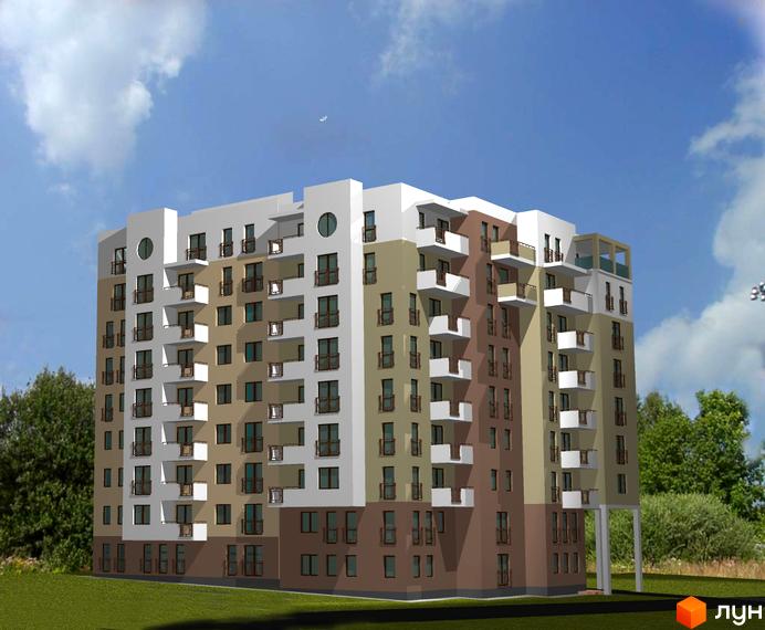 Новобудова на вул. Щепова, 5. Багатоповерховий будинок з балконами та вікнами, оточений зеленню та газоном.