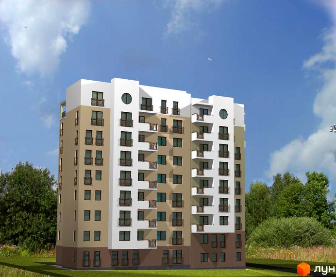 Новобудова на вулиці Щепова, 5, з бежевими та білими фасадами, балконами та круглим вікном. Навколо зелені дерева та трава під блакитним небом з хмарами.