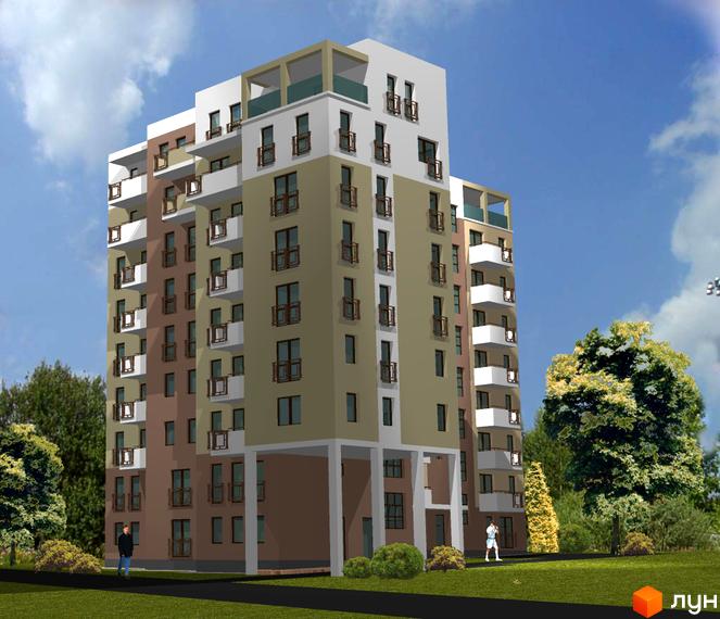 Зовнішній вигляд новобудови на вул. Щепова, 5. Багатоповерховий будинок з балконами та терасами, розташований на фоні зеленої прибудинкової території та блакитного неба.