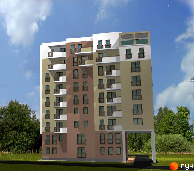 Фасад новобудови на вул. Щепова, 5 з балконами та вікнами. Навколо будівлі зелена територія з деревами та травою.