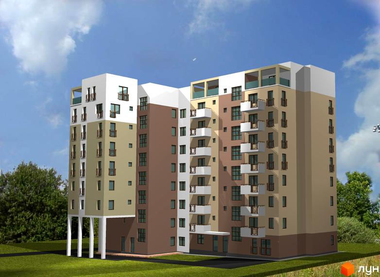 Зовнішній вигляд житлового комплексу на вул. Щепова, 5. Багатоповерховий будинок з балконами та вікнами. Прибудинкова територія з газоном та деревами.