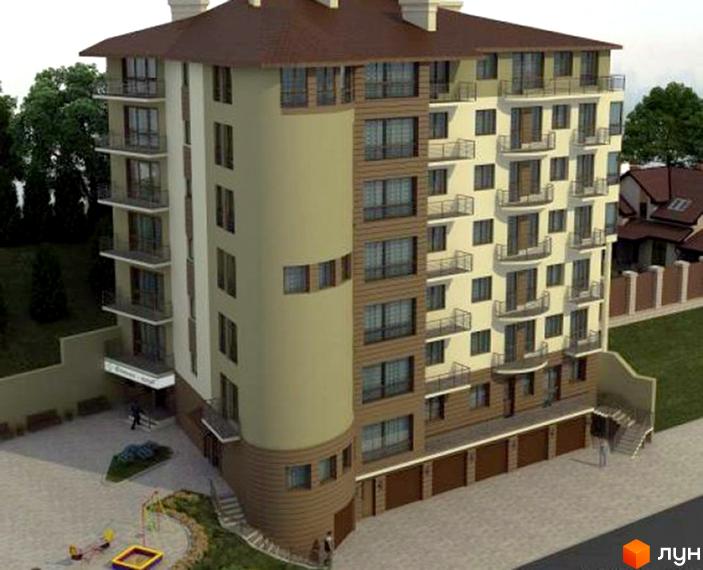 Новобудова на вул. Коциловського, 13. Багатоповерховий будинок з балконами та підземним паркінгом. Поруч дитячий майданчик та зелена зона.