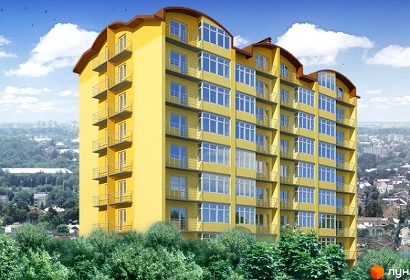 Житловий комплекс Рафаель – жовта багатоповерхівка з численними балконами та великими вікнами на тлі блакитного неба з хмарами та зелених дерев. Новобудова оточена міським пейзажем.