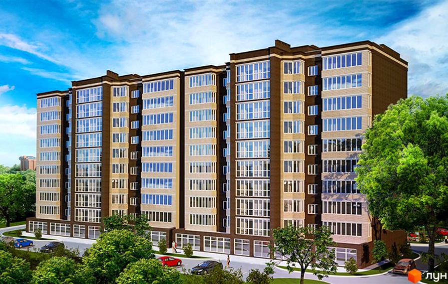 Житловий комплекс Аристократ - багатоповерхова новобудова з великою кількістю вікон та балконів. Навколо будинку зелені дерева та дорога з автомобілями.