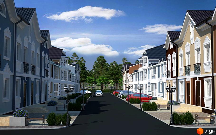 Котеджне містечко КМ Сонячний 2: фасади будинків у світлих тонах та зелена прибудинкова територія з доріжками та ліхтарями.