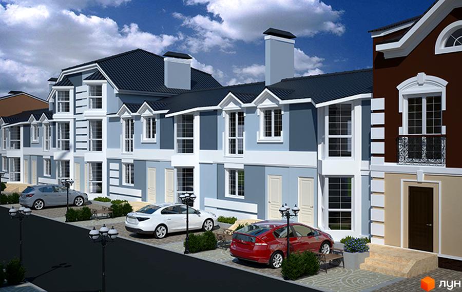 Зовнішній вигляд котеджного містечка КМ Сонячний 2 з сірими та коричневими фасадами, вікнами та балконами. Прибудинкова територія з автомобілями та вуличними ліхтарями.