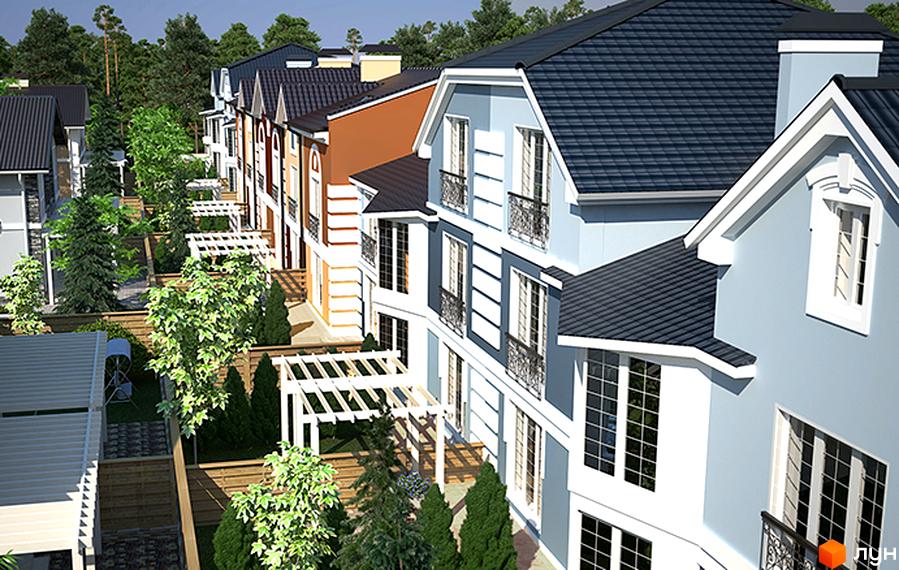 Котеджне містечко КМ Сонячний 2: фасади будинків у світлих тонах з темним дахом та французькими балконами. Прибудинкова територія з зеленими насадженнями та альтанками.