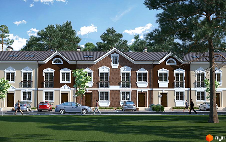 Котеджне містечко Сонячний 2: фасади будинків з коричневими та бежевими елементами, вікнами та дверима. На прибудинковій території автомобілі та зелена галявина.