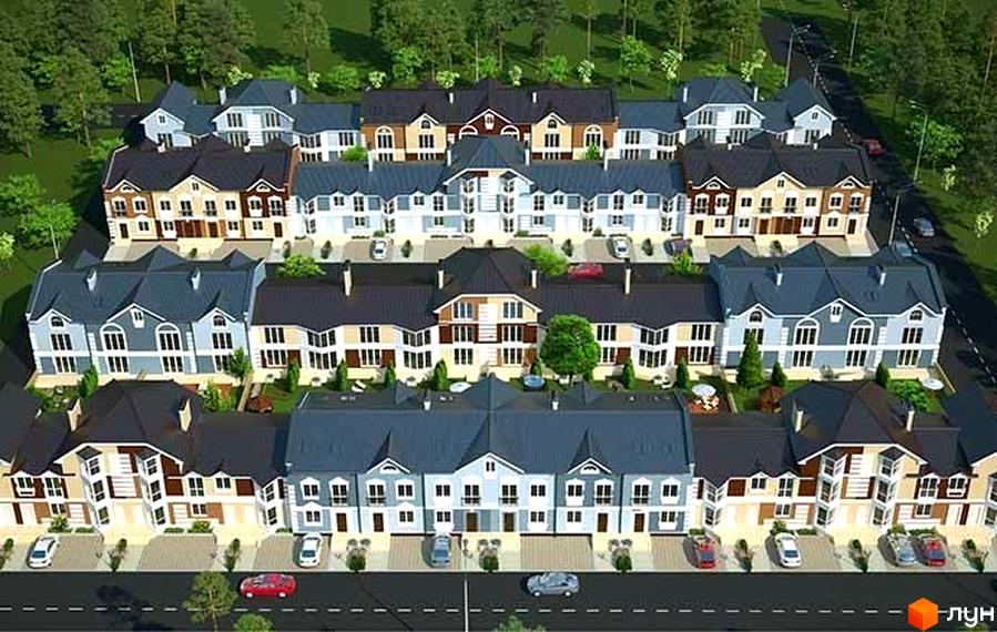 Котеджне містечко Сонячний 2 - це сучасний житловий комплекс з акуратними будинками та доглянутою прибудинковою територією. На зображенні видно ряди будинків з різними фасадами та дахами, а також дороги та зелені насадження.