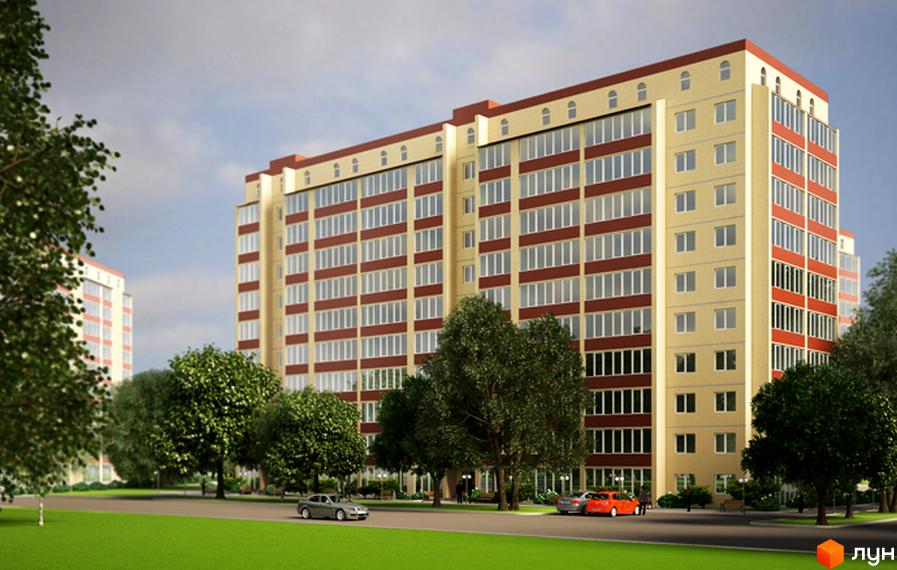 Багатоповерховий будинок ЖБК Красовський з жовтим фасадом та червоними віконними рамами. Прибудинкова територія з зеленими газонами, деревами та дорогою з автомобілями.