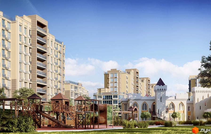 Житловий комплекс Благород: багатоповерхові будинки світло-бежевого кольору з балконами, дитячий майданчик у вигляді замку та ігрова зона з дерев'яними конструкціями.