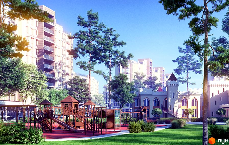 Житловий комплекс Благород: багатоповерхові будинки з балконами та дитячий майданчик у вигляді замку. Зелена територія з деревами та газоном.