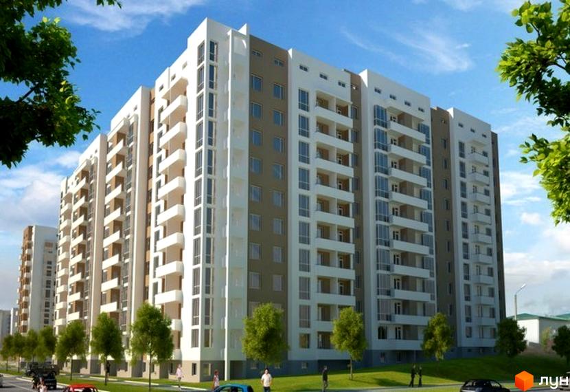 Зовнішній вигляд багатоповерхового житлового комплексу Ренуар з балконами та великими вікнами. Навколо комплексу зелена зона з деревами та дорогою.