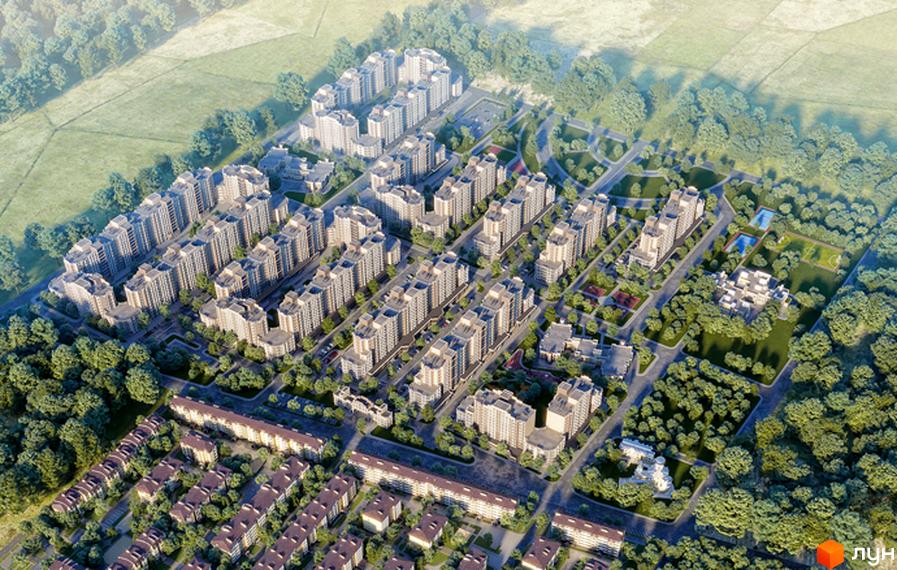 Житловий комплекс Благород. Вид зверху на багатоповерхові будинки з сірими фасадами, зелену прибудинкову територію з деревами, доріжками та спортивними майданчиками.