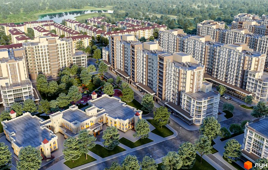 Зовнішній вигляд ЖК Благород з численними багатоповерховими будинками та дитячим майданчиком. Комплекс розташований серед зелених дерев, поруч з водоймою.