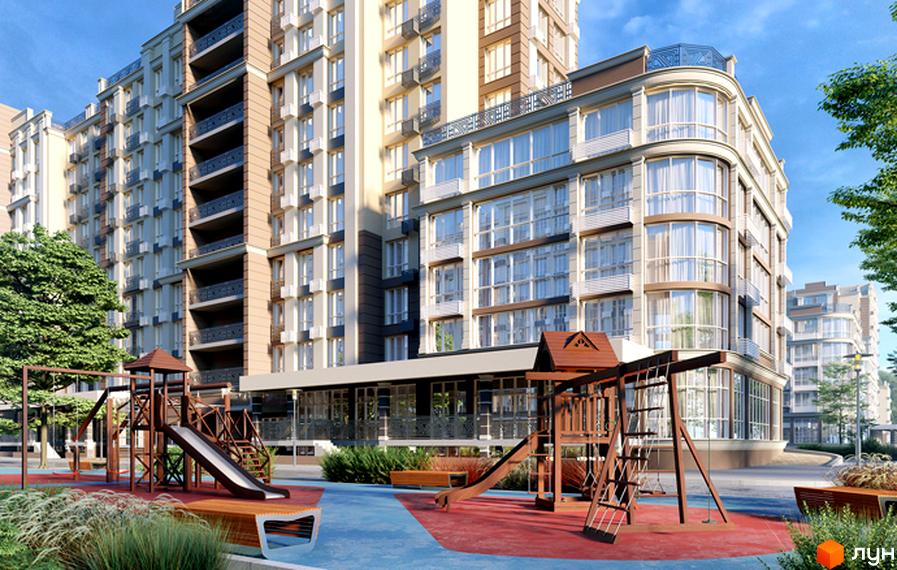 Житловий комплекс Благород: фасади будівель з панорамними вікнами та балконами, дитячий майданчик з гіркою та гойдалками.