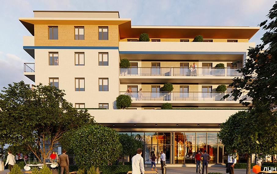 Житловий комплекс BelleVille: фасади будинку з балконами та вікнами, прибудинкова територія з деревами та людьми біля входу.