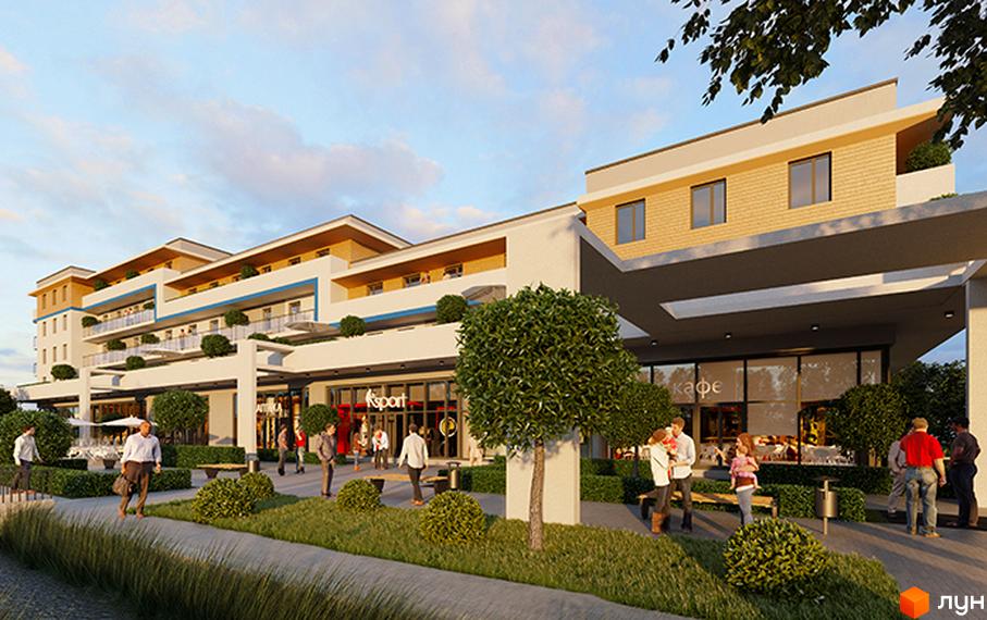 Новобудова ЖК BelleVille з фасадом у світлих тонах та балконами. Прибудинкова територія з доглянутими кущами та деревами, де відпочивають люди.