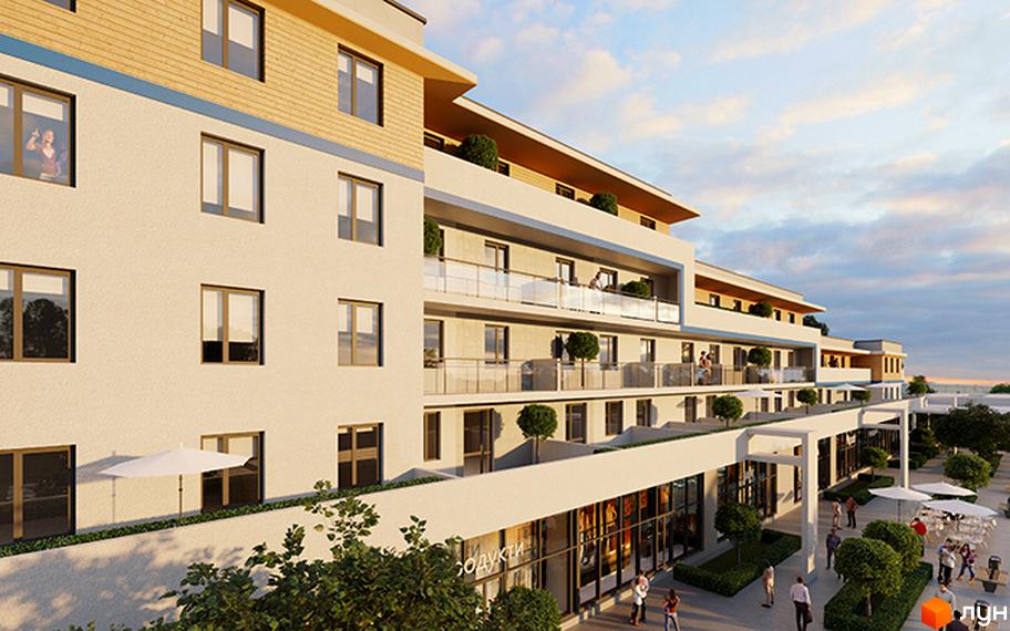 Житловий комплекс BelleVille з фасадами світлого кольору та дерев'яними елементами. На прибудинковій території розташовані магазини, дерева та місця для відпочинку.