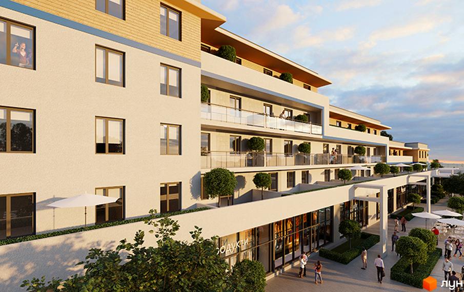 Житловий комплекс BelleVille - сучасна архітектура з балконами та вікнами, прибудинкова територія з магазинами та зонами відпочинку.