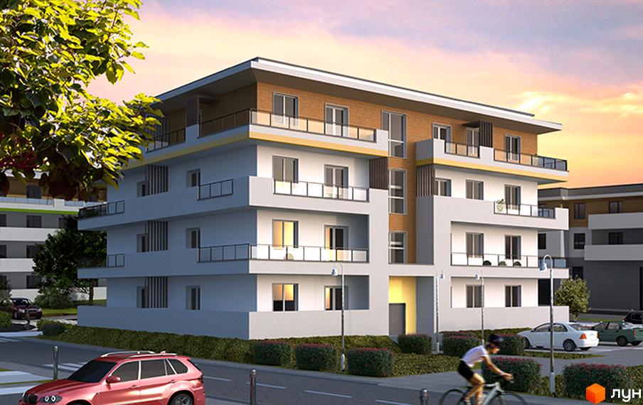 Новобудова ЖК BelleVille з балконами та вікнами, оточена деревами та прибудинковою територією з автомобілями та пішоходами.