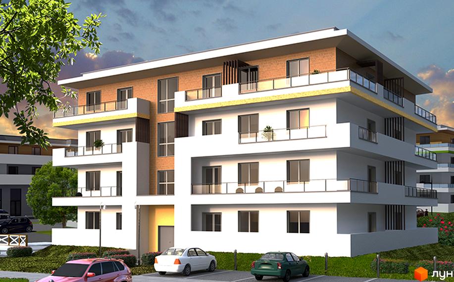 Новобудова ЖК BelleVille з білими фасадами, балконами та цегляними вставками. Навколо зелена територія з деревами та припаркованими автомобілями.