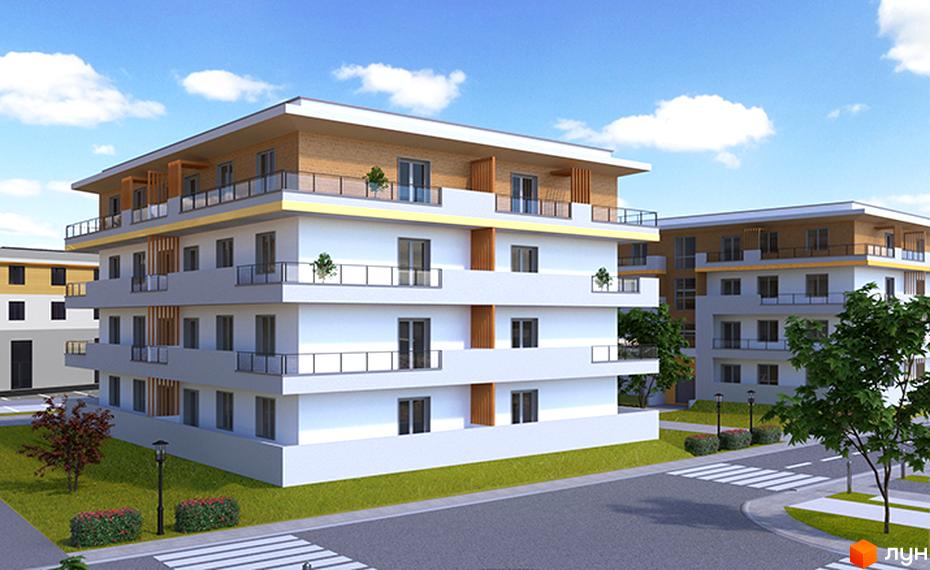 Житловий комплекс BelleVille – сучасна багатоповерхова новобудова з балконами та панорамними вікнами. Територія навколо будинку озеленена, з доріжками та вуличним освітленням.