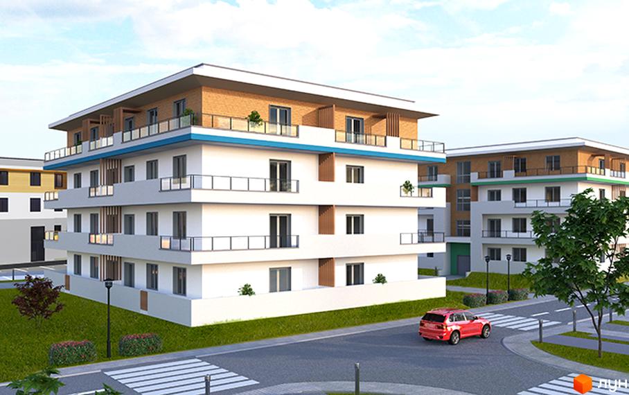 Новобудова ЖК BelleVille з білими фасадами, скляними балконами та зеленими насадженнями. Поруч дорога з пішохідним переходом та червоний автомобіль.