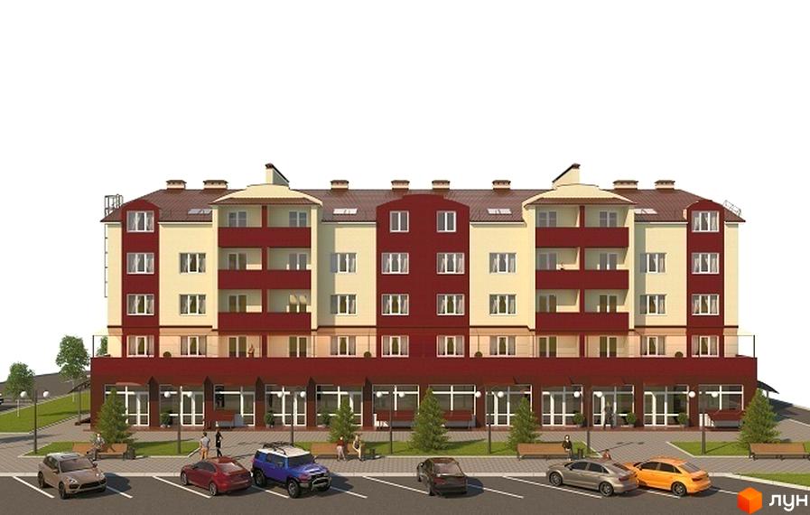 Житловий комплекс Другий Парковий: багатоповерхова будівля з бежево-бордовим фасадом та балконами. Перед будинком парковка з авто та зона відпочинку.