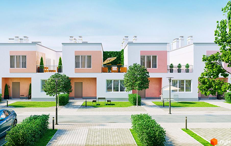 Таунхауси BelleVille: фасади з рожевими та білими акцентами, балкони з рослинами. Прибудинкова територія з деревами, кущами та доріжками.