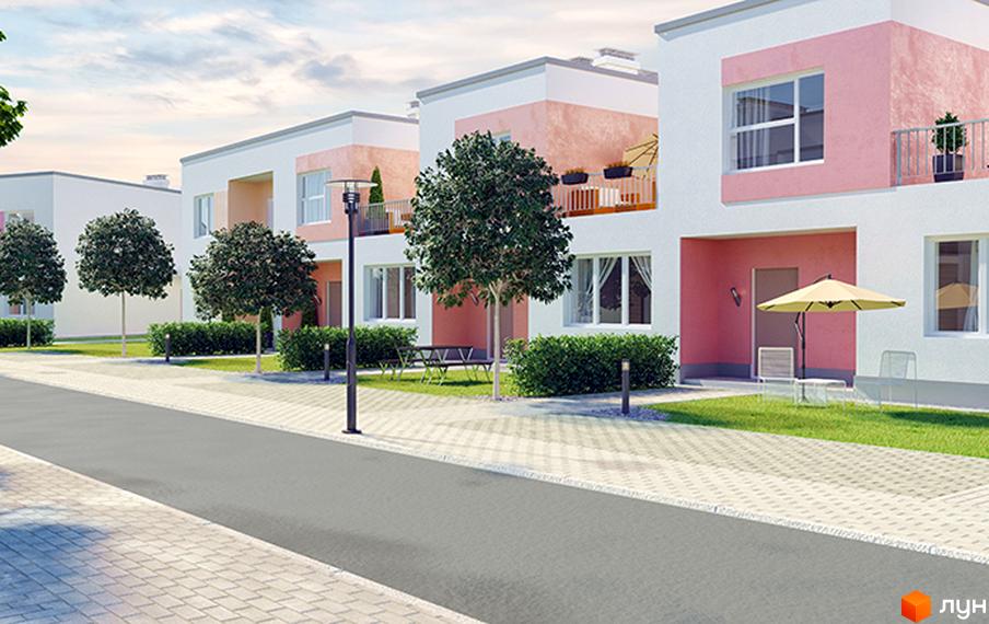 Таунхауси BelleVille з рожевими та білими фасадами, з балконами та великими вікнами. Прибудинкова територія з зеленими газонами, деревами та місцями для відпочинку.