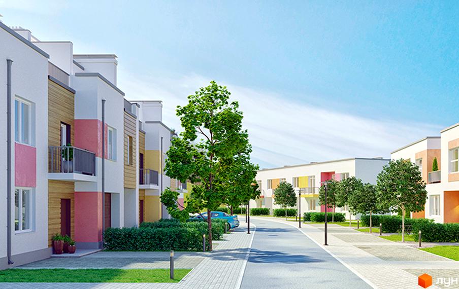 Таунхауси BelleVille: фасади з рожевими та жовтими акцентами, балкони, вікна, доглянуті зелені насадження та доріжки. Зовнішній вигляд новобудови та прибудинкової території.