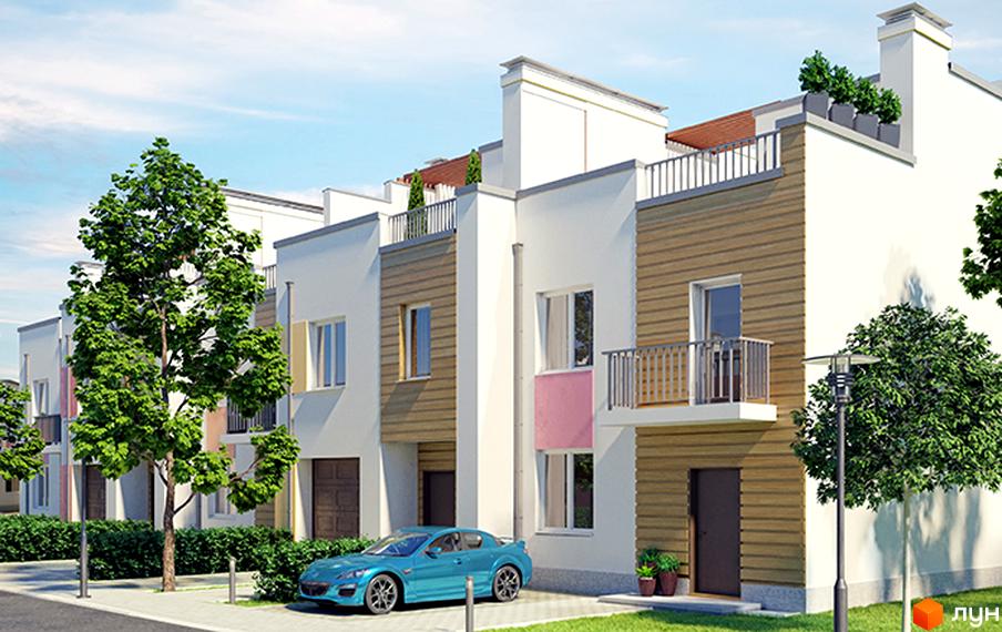 Зовнішній вигляд таунхаусів BelleVille з дерев'яними елементами та балконами. На прибудинковій території розташовані дерева та автомобіль.