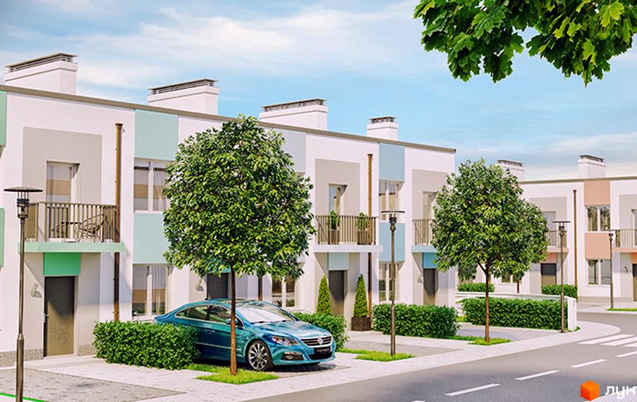 Таунхауси BelleVille з біло-сірими фасадами та блакитними акцентами. Прибудинкова територія з деревами, кущами та автомобілем.