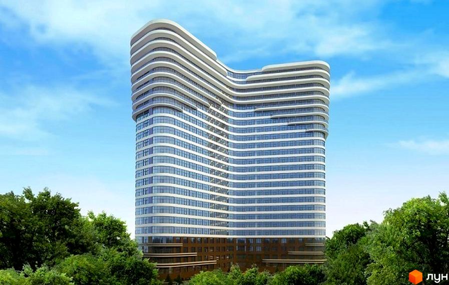 Житловий комплекс Сорок четверта перлина - висотна новобудова з хвилястим фасадом та панорамним склінням. Навколо будівлі зелені дерева.