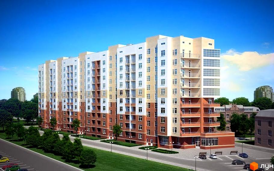 Зображення багатоповерхового будинку в Житловому комплексі Енді Ворхол. Навколо будинку зелена територія з деревами та парковкою.