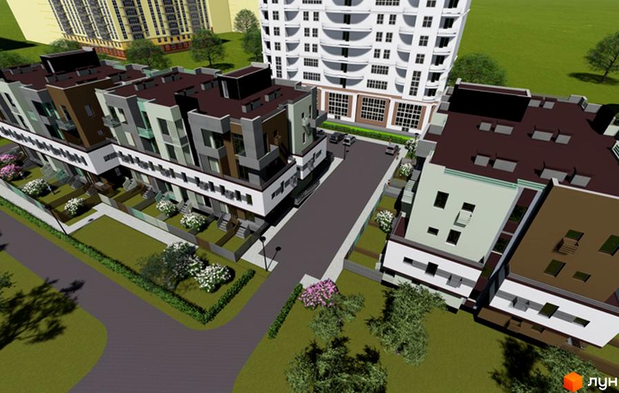 Зовнішній вигляд новобудови Smart: фасади таунхаусів у кольорі та висока біла будівля. Прибудинкова територія з газонами та деревами.