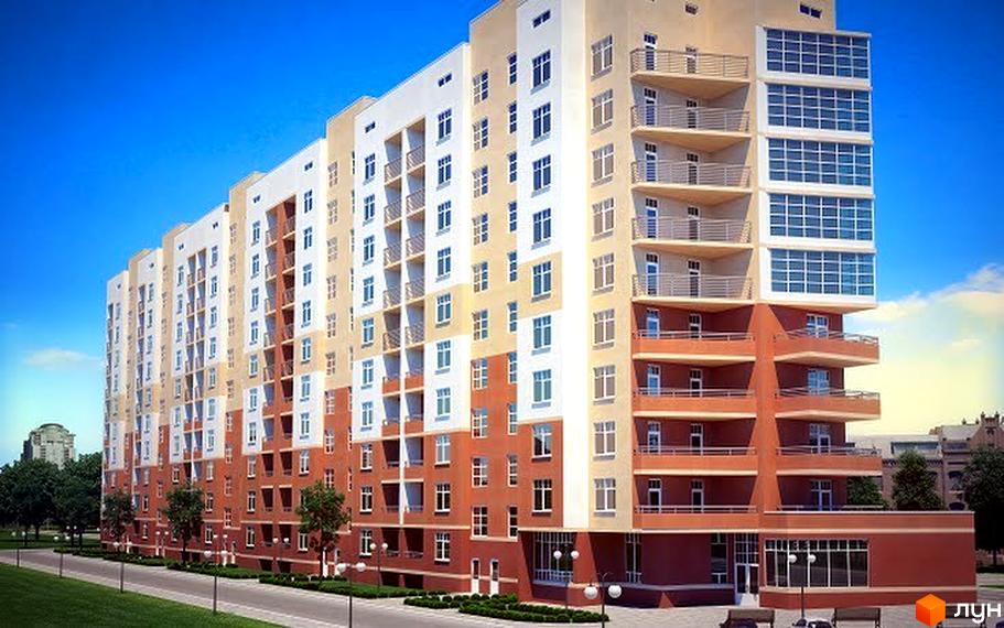 Зображення фасаду багатоповерхового будинку Житлового комплексу Енді Ворхол. Навколо будинку зелені насадження та пішохідна зона.