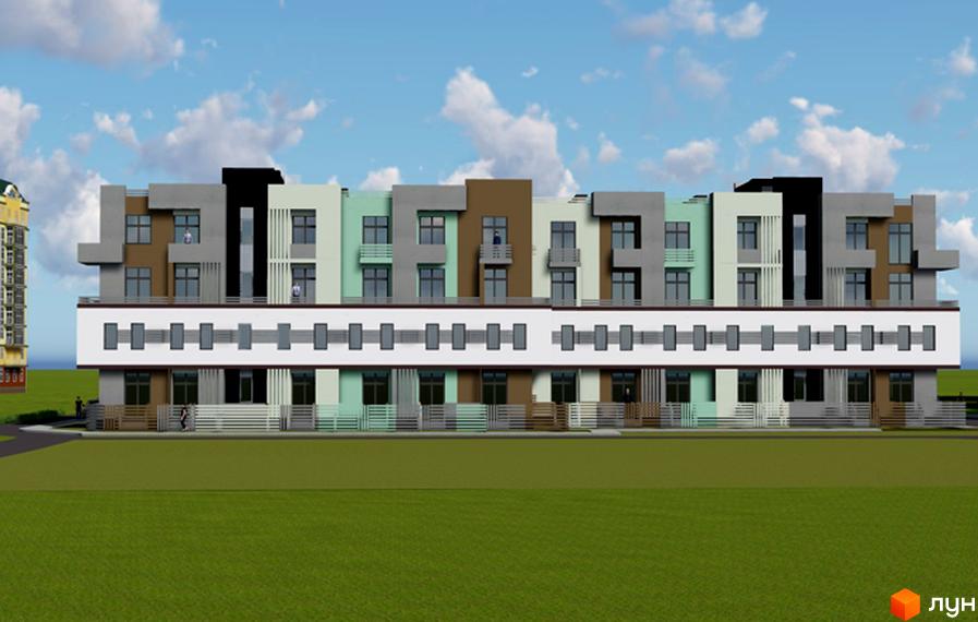 Фасад житлового комплексу Smart з різнокольоровими секціями та балконами. Навколо будинку зелений газон та хмарне небо.