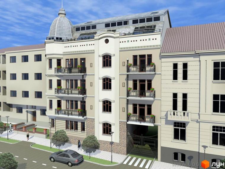 Зображення будинку на вулиці Єфремова, 30. Фасад будівлі з балконами та куполом, видно частину прибудинкової території.