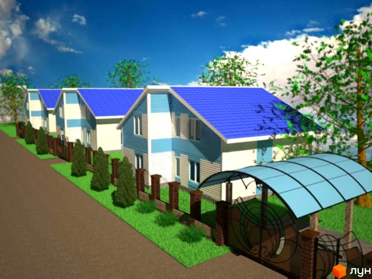 Котеджне містечко Созидатель Хаус з синіми дахами та біло-блакитними фасадами. Навколо будинків зелена трава, дерева та паркан з кованими елементами.