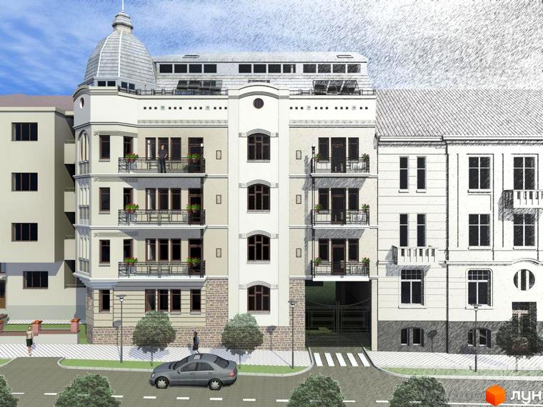 Зображення фасаду будинку на вулиці Єфремова, 30. Багатоповерхова будівля з балконами та куполом, перед будинком дорога з автомобілем.